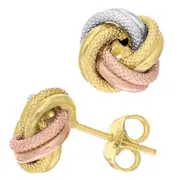 14k Tricolor Textured And Shiny Love Knot Stud Earrings, 10mm