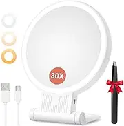 Auxmir 1X/30X Magnifying Mirror with Light, 2000mAh Rechargeable Travel Makeup Mirror with Magnification, Lighted Vanity Mirror with Adjustable Folding Handle, Tabletop Mirror for Tweezing Travel