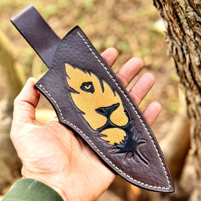 Hand Lion Engraved Fixed blade Knife Leather Sheath Holster belt Loop Knives