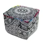 22X22X14 Inches Black White Elephant Printed Mandala Ottoman Pouf Covers AU