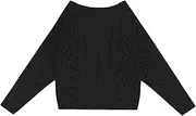 [Qolkmuiy-GJ] Womens Solid Color Off Shoulder Sweater Loose Hollow Out Knitted Jumper Top Long Sleeve Cable Knit Loose Pullover