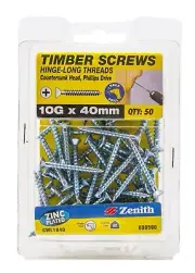 Zenith COUNTERSUNK HEAD TIMBER SCREWS 50Pcs Zinc Plated- 10Gx40mm Or 10Gx50mm