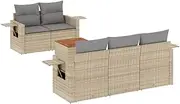 vidaXL Modular Garden Sofa Set 6 Piece - Beige Poly Rattan Outdoor Patio Furniture with Cushions & Acacia Table