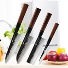 Chef Santoku Nakiri Utility Knife Set 3 Layers Clad Steel Wood Handle Hammered L