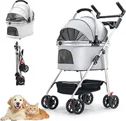 Pet Stroller 3-in-1,Foldable Cat Dog Strollers for Medium Dogs 20KG,Pet Travel Dog Stroller Pushchair with Detachable Carrier Car Seat,Storage Basket,Storage Bag and Food Tray