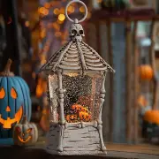 "Spooky Halloween Snow Globe Lantern with Black Cat, Music, Timer, & LED Lights"
