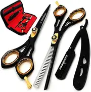 Saaqaans SQS-01 Professional Hair Cutting Scissors Kit - Haircut Scissor for Barber/Hairdresser/Hair Salon + Thinning Hairdressing Shear + Straight Edge Razor + 10 Double Edge Blades with Pouch