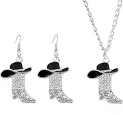 [coadipress] Western Boots Necklace Earrings Set for Women Dainty Handmade Rhinestone Cowboy Hat Tassel Boot Drop Dangle Earrings Concert Party Cowboy Outfits Jewelry, Medium, Alloy Steel, Rhinestone
