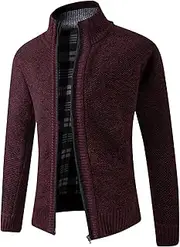[Gsywaipei] Men's Stand Collar Knit Jacket Zip Up Slim Fit Knitted Sweater Coat Winter Thick Wool Male Knits Sweaters Cardigan, Claret, M