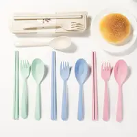 在飛比找松果購物優惠-小麥桿環保系列餐具 便攜三件套組 筷子 餐具 湯匙 叉子 環