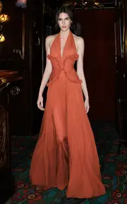 [Elie Saab] Ruffled Silk Georgette Halter Gown