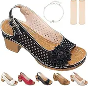 [Elfgrass] Buckled Square Heel Sandals for Women, Buckled Square Dressy Heel Summer Sandals, Low Slingback Peep Toe Dressy Wedge Shoes