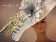 Kentucky Derby Hat Gray Powder Baby Blue Flower White Cream Hat Easter Palm Leaf