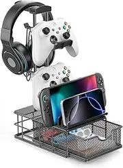 KDD Headphone Stand with Drawer - Headset & Controller Holder for Desk - Aluminum Supporting Bar Earphone Stand with Cable Organizer - Universal Gaming PC Accessories Storage