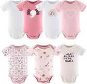 [The Peanutshell] Baby Bodysuits for Girls, Short Sleeve 7 Pack, Newborn to 24 Months, Rainbow Safari