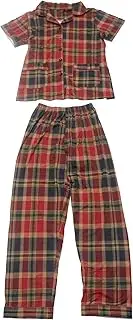 [cheibear] Womens Plaid Loungewear Long Sleeve with Pants Sleepwear Button Down Pajama Sets with Pockets Short Sleeve-Red Plaid Large