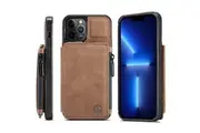 For Apple iPhone 13 Pro CaseMe Back Zipper Wallet Case W/ 3 Card Slots, RFID Blocking, 1 Money Pocket, Credit Card Holder Leather Cover (Brown)