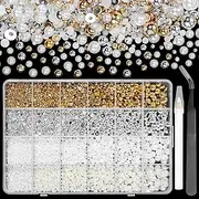 9000 Pcs Gold Silver Flatback Pearls for Crafting, Half Round Nail Pearls, Silver Gold Nail Gems Beads, 2-8 mm White Beige Pearls Beads for Nails DIY Jewelry Face Makeup with Pickup Pencil Tweezer