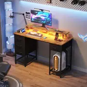 Advwin Gaming Desk w/ RGB LED Lights & Power Outlets 120cm Computer Desk w/ Drawers & Monitor Stand Walnut