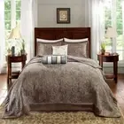 NEW! ~ XXXL ELEGANT MODERN CHIC BROWN BLUE GREY LEAF FLOOR QUILT BEDSPREAD SET