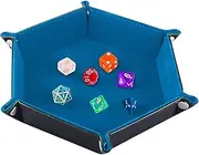 SIQUK Double Sided Dice Tray, Folding Hexagon PU Leather and Yellow Velvet Dice Holder for RPG Dice Gaming D&D and Other Table Games Sky Blue