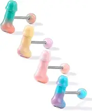 [Melighting] 4pcs Candy Bone Tongue Bars Set Stainless Steel 316L Tongue Barbell Piercings Epoxy Nipple Bars 16mm Tongue Piercing Jewelry Tongue Rings for Women