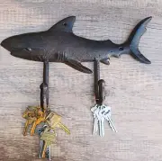 Pack Of 2 Cast Iron Rustic Nautical Marine Great White Shark Double Wall Hooks