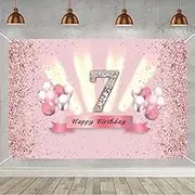 Happy 7th Birthday Decorations for Girls - Backdrop Banner, Party Deco, Anniversary Fabric Sign Poster, Pink Photo Background, Party Supplies, 59"x35.4"