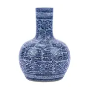 Blue and White Feather Floral Porcelain Globular Vase 15"
