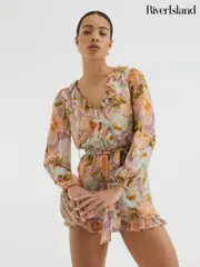 River Island Orange Embellished Ruffle Playsuit (F98089) | $129