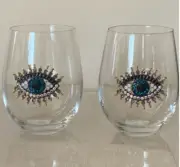 Rachel Zoe 2 Pc Jewel Rhinestone Hamsa Evil Eye Stemless Wine Glasses NEW