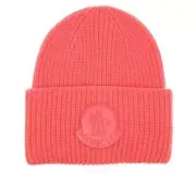 NEW MONCLER CORAL PINK KNIT 100% WOOL LOGO BEANIE HAT ONE SIZE