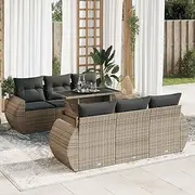 7 Piece Garden Sofa Set with Cushions Grey Poly Rattan, Conversation Sets
