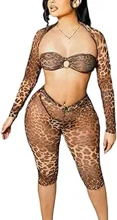 [RISCUYY] Cheetah Print Set 3 Piece for Women Sexy Stretchy See Through Outfit Cheetah Print Outfit for Women Going Out 2025, Cheetah, Medium