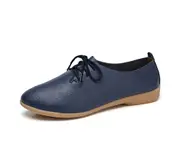 Vintage Women Faux Leather Shoes Round Closed Toe Lace-up Anti Skid Loafers-Dark Blue