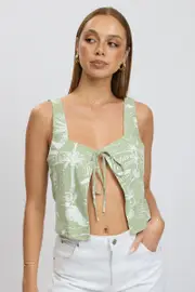 Green Abstract Tie Front Top Sleeveless - Size 16XL, Women's Top