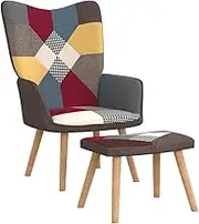 vidaXL Retro Relaxing Armchair with Stool - Soft Touch Multicolour Grey Patchwork Fabric Upholstery, Padded Foam for Comfort, Steel Frame & Wooden Legs for Stability