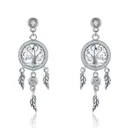 Sterling Silver Shiny Tree of Life Dream Catcher Stud Hypoallergenic Earrings