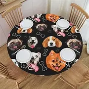 Muzzles Dogs Pug Bones Paws Fitted Round Tablecloth Waterproof Table Cloth with Elastic Edge Wipe Clean Table Cover for Indoor Outdoor Fits 45"-50", Medium