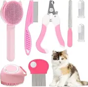 8 Pcs Cat Brush Grooming Kits, Pet Self Cleaning Kit with Pet Nail Clipper and File, Flea Comb, Pet Shampoo Bath Brush, Pet Shedding Brush, Silicone Toothbrush (Pink)