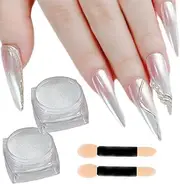 2 Pcs White Iridescent Nails Powder Aurora Chrome Powder for Nails,Mermaid Chrome Nail Pearl Powder Chameleon Chrome Nail Powder Manicure Pigment(2 Pcs Moonlight)