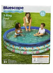 Blue 3-Ring Inflatable Kiddie Swimming Pool, Round, Age 2 & up 65" x 14.5" - NEW