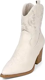 [Hamesk] Women's Western Cowboy Mid Calf Ankle Boots with Low Heel Pointed Toe Embroidered Upper Chunky Heeled Cowgirl Boots for Women