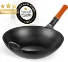 13.5" Carbon Steel Wok Pan Flat Bottom Stir Fry Chinese Japanese Black Steel Wok