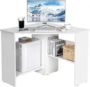 Compact Corner Desk, Corner Study Working Table, Space-Saving, w/ Bookshelves & Cable Hole & Host Storage Shelf, Triangle Computer Desk Writing Workstation, Ideal for Limited Space, Home, Office, Living Room, Bedroom, Black/White (White)