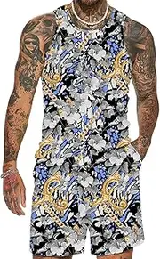 [JoZorro] Men's Floral Tank Top Set Sleeveless Tees Outfit Luxury Print Casual Sport T-Shirts Tracksuit Hawaii Beach Vacation
