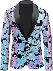 [HEYDHSDC] Mens Purple Sequins Fleece Suit Jacket One Button Slim Fit Dress Blazers Wedding Groom Party Stage Blazer
