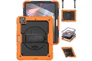 WASSUP iPad Pro 12.9 inch 6th/5th/4th/3rd Gen Case with Screen Protector Hand Strap Stand & Shoulder Strap-Orange&Black