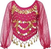 [TouKingda] Belly Dance Top for Women, Puff Long Sleeve Chiffon Sequin Dance Shirts, Glitter Coins Tassels Blouse for Festival Clubbing Wear, Self-tie Back Tribal Crop Top for Belly Dance Performance Outfit
