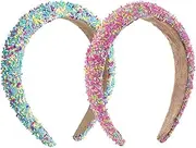 GSHLLO 2 Pcs 1.2 Inch Sprinkles Headband Wide Padded Headbands Colorful Non Slip Hairbands Plastic Fashion Hair Hoops Cute Rainbow Head Band for Women Girls Hot Pink and Blue